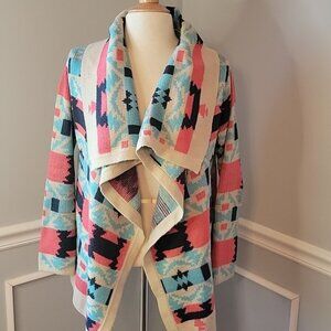KATE COLLECTION Southwestern Boho Waterfall Drape Front Open Cardigan Sweater M